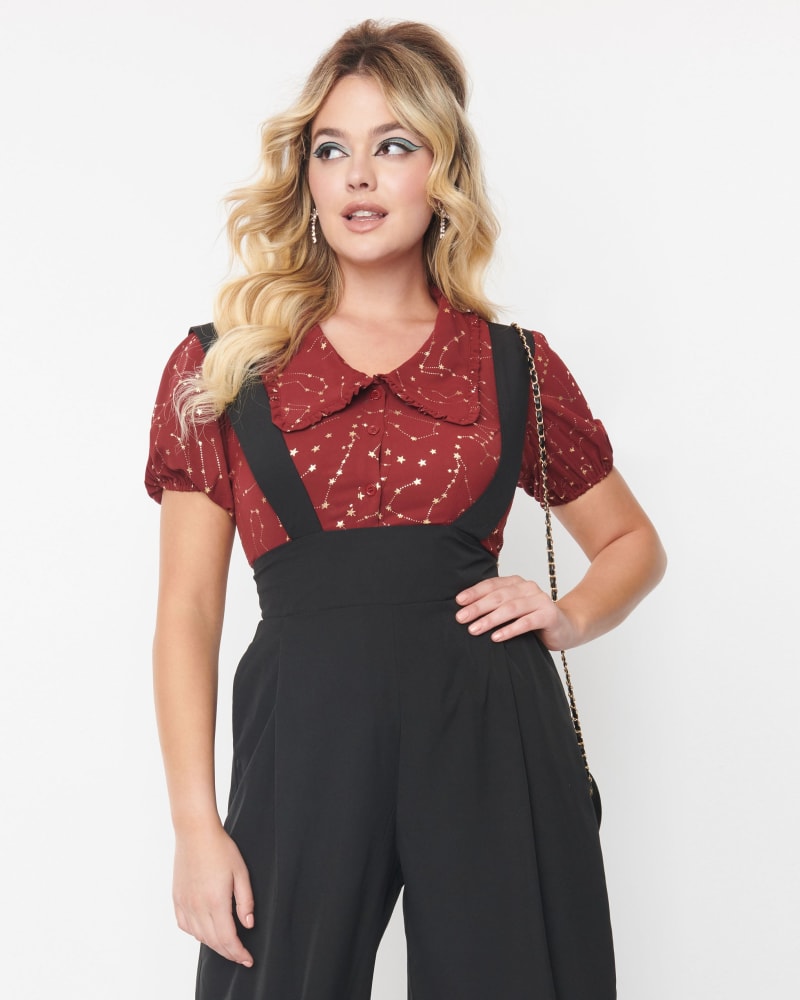 Front of a model wearing a size 3X Unique Vintage Burgundy & Gold Stars Oversized Collar Blouse in Burgundy & Gold Stars by Unique Vintage. | dia_product_style_image_id:319680